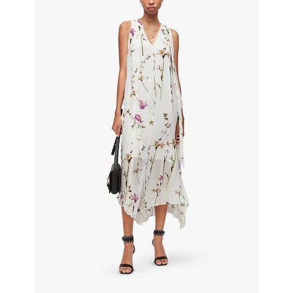 All Saints Capri Kikyo Floral Print Crepe Maxi Dress White Size 8 NWT